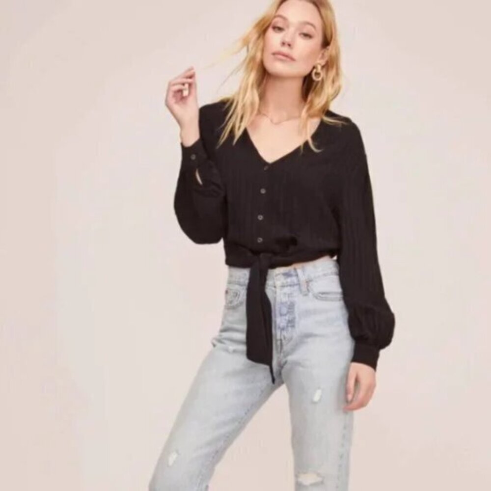 ASTR The Label Tie Front Long Sleeve Black Top Size Medium